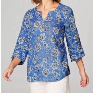 J. Jill Love Linen Blue Floral 3/4 Sleeve Blouse Top Shirt Blue Size Small